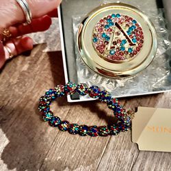New!!  Great Gift.  Colorful Crystal Brad Bracelet And Initial Compact Mirror.  Brand New With Tags.   NWT $15 For Both Items 