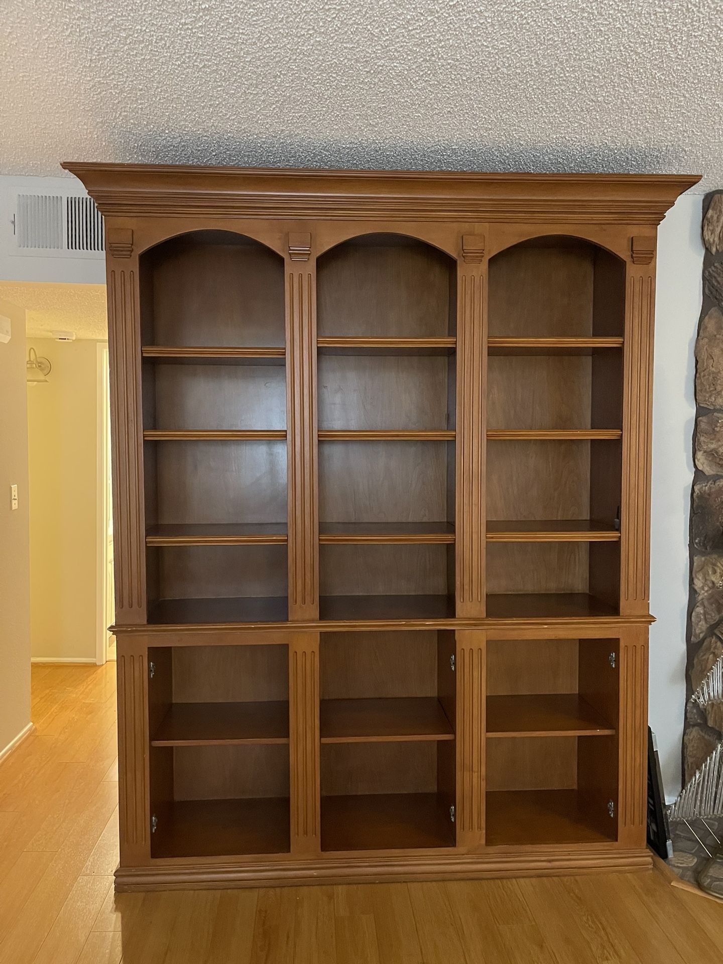 Book Shelf Or Entertainment Center, Solid Wood, It Was Custom Made But-never Installed the Button Doors, But We Are Being Used It Like That