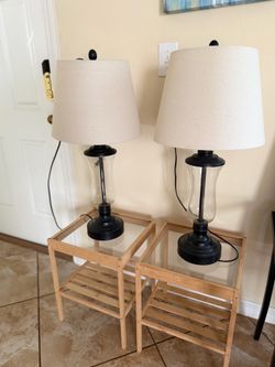 IKEA NESNA bamboo bedside tables with two StyleCraft Home Collection bronze and glass table lamps