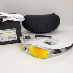 New OAKLEY FLAK JACKET 1.0 Silver w/ FIRE Iridium 100%  AUTHENTIC