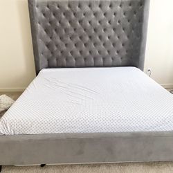 King Bed  - High Back Velvet Tufted Grey Platform