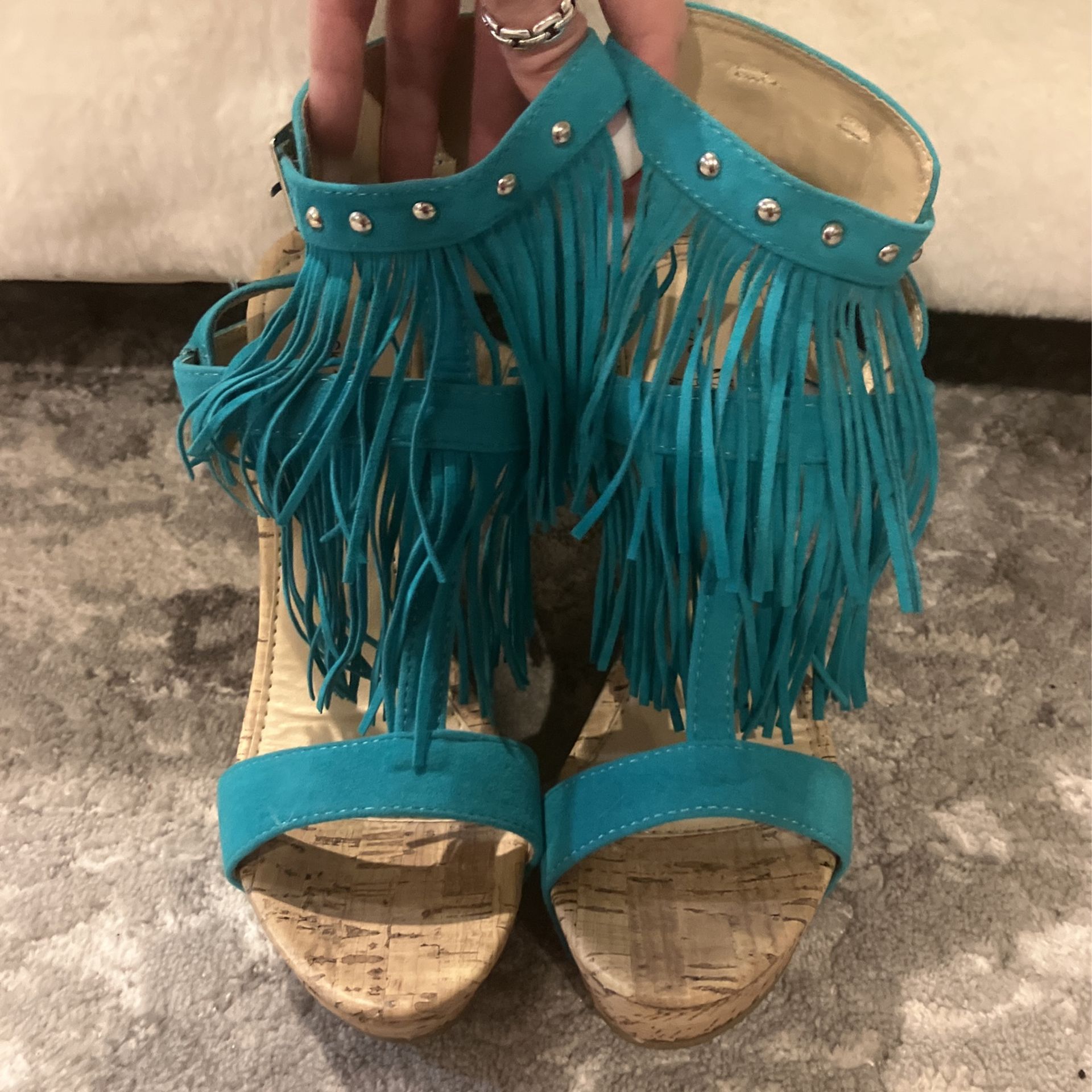 Teal Blue Fringe Wedges Studs Corks 