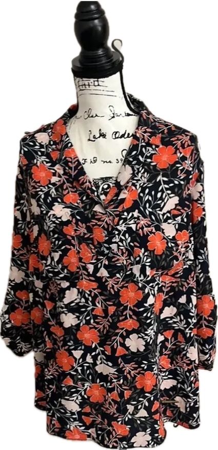 Jones New York Signature Navy Floral Popover Blouse Top Womens