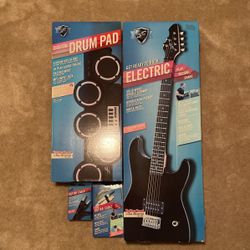 First Act Electric Guitar,  First Act Digital Drum Pad,  2 Sets Of Guitar Cable (one with USB)