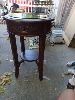 Vintage Round Wood Side Table with Green Marble Top