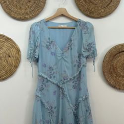LoveShackFancy Blue Posh Floral Print Ruffle Mini Dress Cottagecore Feminine