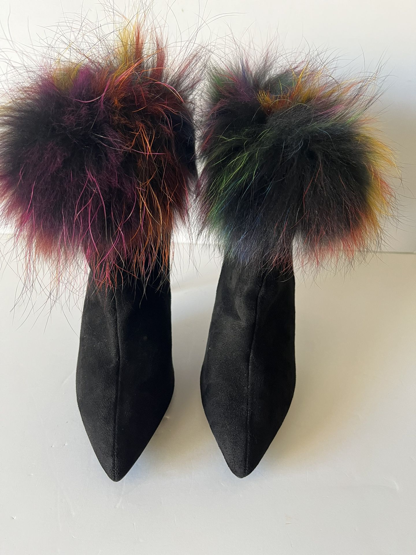 Black Fashion Stiletto Rainbow Faux Fur Pointy Toe Boots