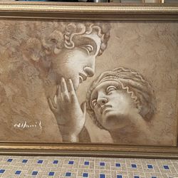 Vintage 1970s W. Hamil Impasto Painting Of Greek Lovers 20x28” In Frame