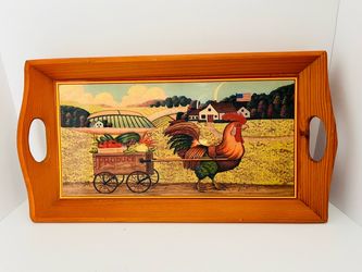 Vintage Wooden Serving Tray - Farmhouse Rooster Folk Art