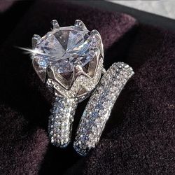 925 Silver Engagement & Wedding Crown Ring Set