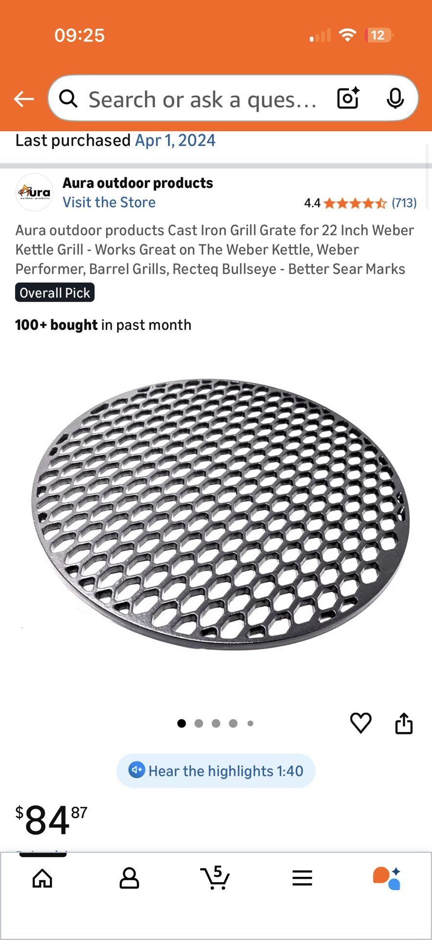 Aura Cast Iron Grate - 22” - Fits Weber, Bullseye Recteq, or any 22” Kettle Style Bbq Grill