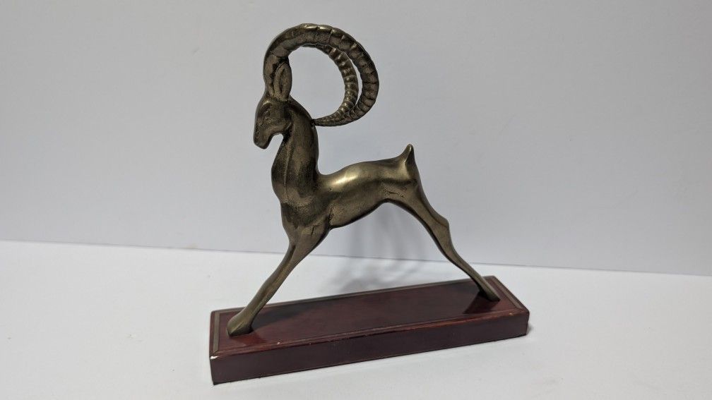 Vintage Brass Ibex Sculpture on Wooden Base – Mid-Century Modern 7.5" Tall