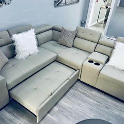 Grey Large Sofa Sectional Sleeper With Cup Holders 🔥buy Now Pay Later 