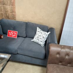 Grey Velvet Sectional And Ottoman