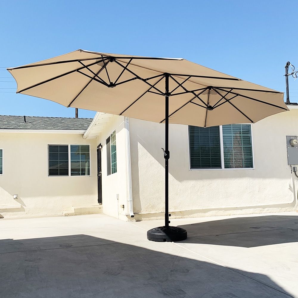 New $130 Large 15 FT Double Sided Outdoor Umbrella with 65 LBS Plastic Weight Base (Beige color)