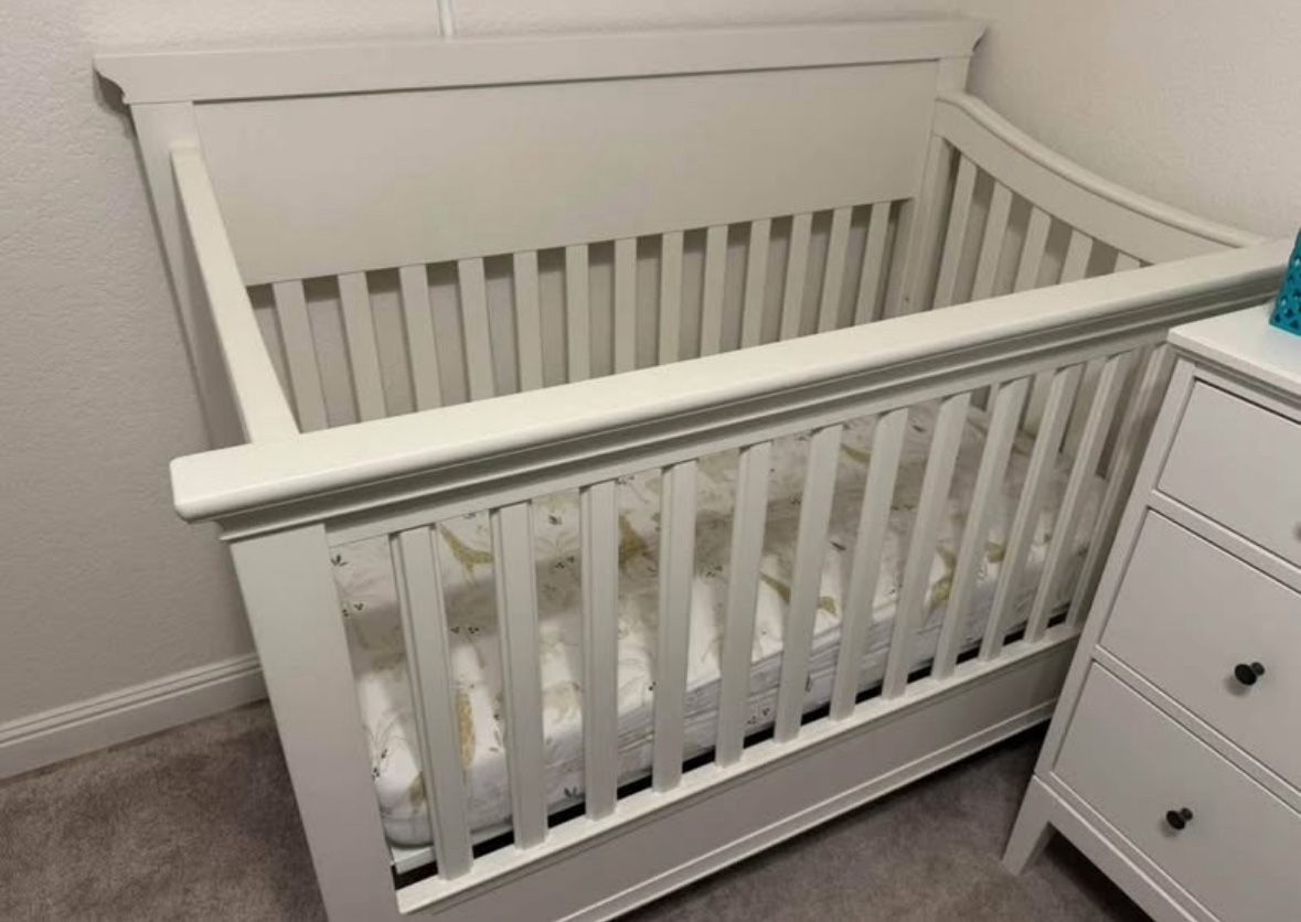 Pottery barn crib, newton mattress, toddler conversion kit, and full conversion kit