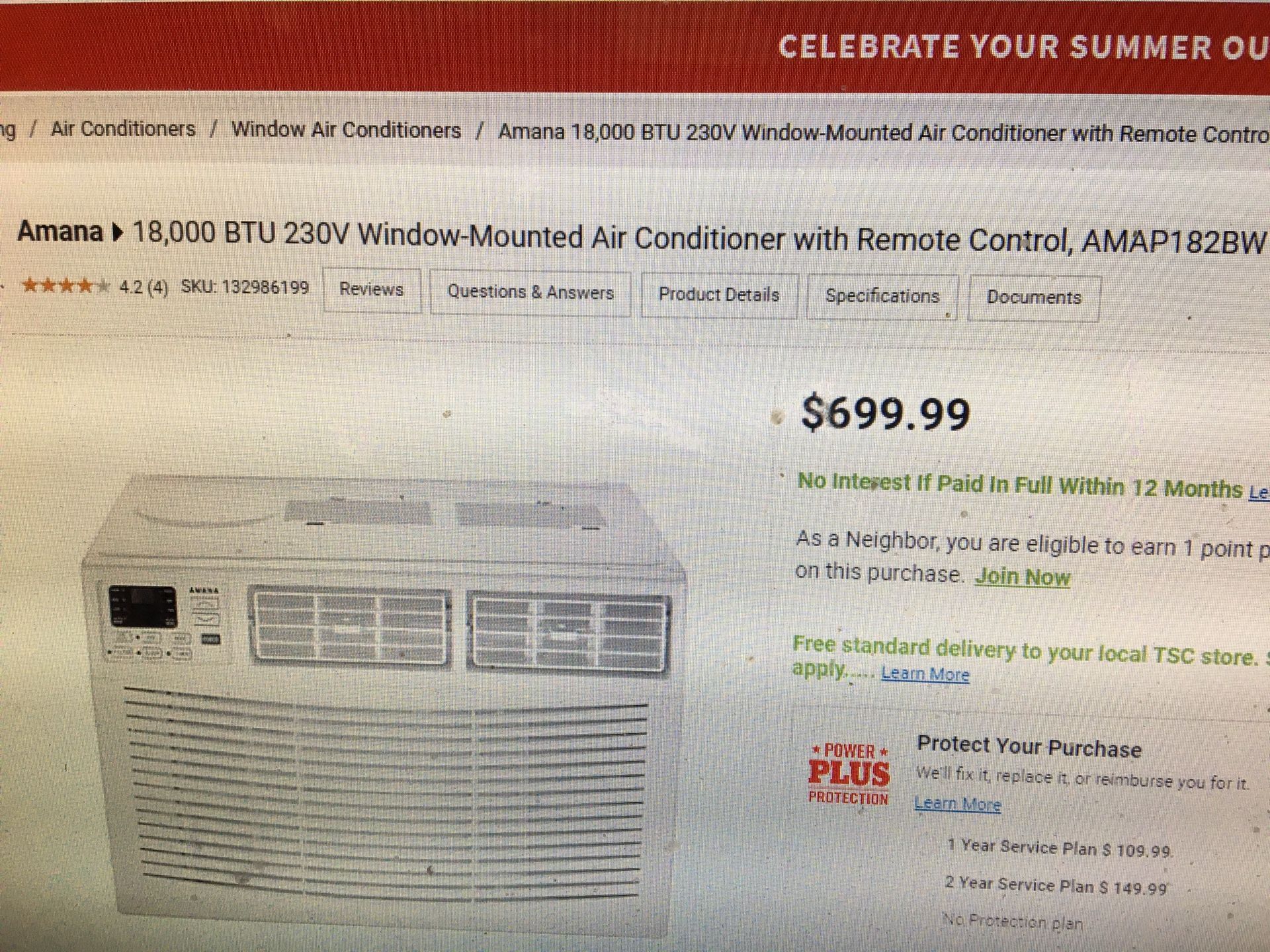 Brand New Amana Window A/C 18,000 Btu 230 V With Dehumidifier