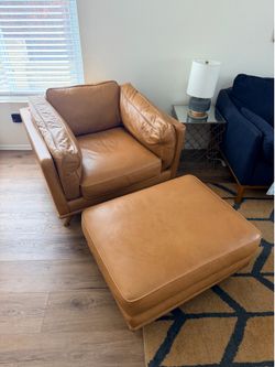 Article Timber Leather Chair + Ottoman (Charme Tan / Cognac)