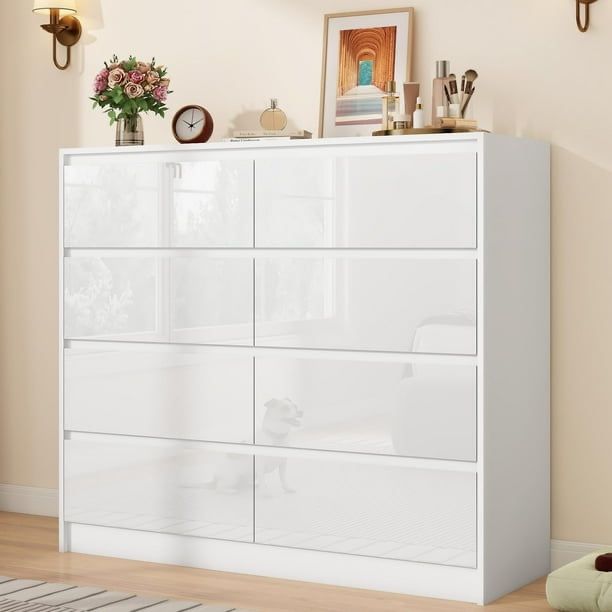 8 Drawer White Dresser for Bedroom, Modern High Gloss 8 Drawers Double Dressers, Wood Chest of Drawer Handle Free,Long Dresser for Bedroom,Living Room