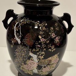 1990's Japanese Made Vase, Black w/ Metallic Gold Coloring,