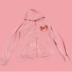 Pink zip-up hoodie with cute design #kawaii #strawberry #shortcake #bows #flower