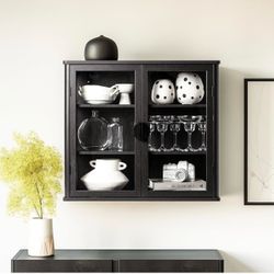 Black Tempered Glass Display Wall Storage Cabinet,Bathroom Wall Cabinet,Wall Mounted Cabinet with Curved Edges, Floating Cabinet with Adjustable Shelv