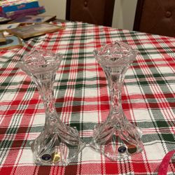 Candle holder, two piece, Bohemian, crystal clear, each one long, 8 inch