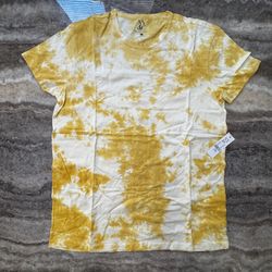 NWT Women Size Large Yellow & White Tie Dye Round Neck Stretchy T Shirt- NY & Co