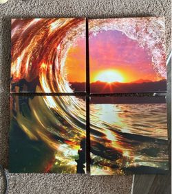 4-Panel Ocean Wave Sunset Canvas Wall Art