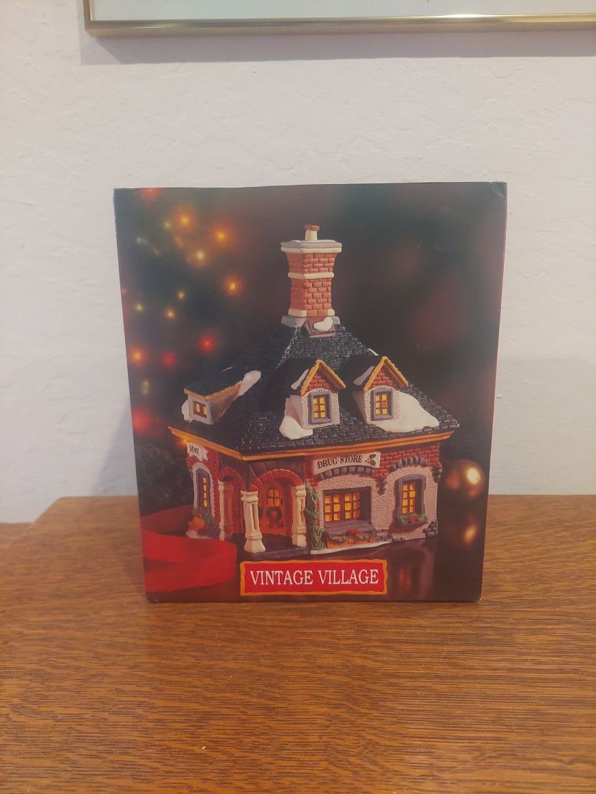 Vintage Christmas Village Drug Store Lighted House 9"