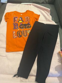 Little Girls Size 7-8 Orange & Black Halloween outfit, includes shirt, and matching pants, like new
