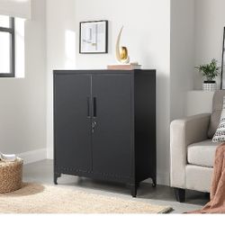 SONGMICS Garage Cabinet, Metal Storage Cabinet with Doors and Shelves, for Home Office, Garage and Utility Room, Black UOMC013B01