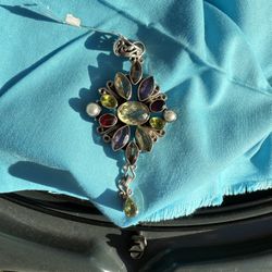 Moving Sale! 3” Multi Gemstone, Pearls, Silver Pendant 3” Approx