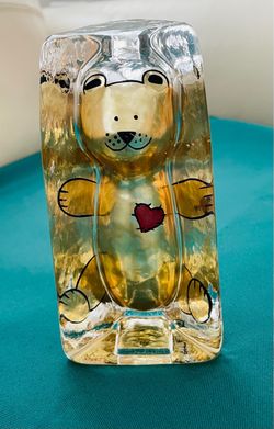 Stunning vintage Kosta Sea Glasbruk reverse painted bear/heart decor/paperweight