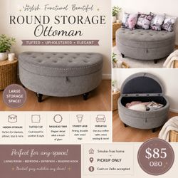 Large Round Storage Ottoman – Tufted Gray Upholstered Bench
