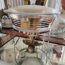 Vintage Inland Glass Gold Rimmed Covered Casserole Farmhouse Cottage Decor