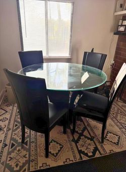 48” Round Glass Dining Table Set + 4 Chairs (Modern, Dark Wood)