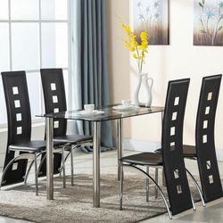 5 PCS Dining Set Metal Glass Table and 4 Chair Kitchen Breakfast Furniture Black