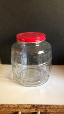 vintage clear glass 1 gallon barrel shaped pickle jar with red metal lid