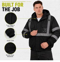 Size Small Hi Vis Safety Bomber Jacket for Men, High Visibility Winter Coat ANSI/ISEA 107 Class 3, Waterproof PU-coated 300D Oxford, 360° reflective s