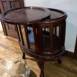 Antique Turn of the Century Tray Top Tea Table/Liquor Cabinet With 12 Glass Panels 