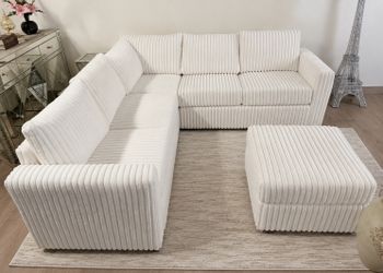 Brand New Milk Color Fur Like Corduroy Sectional Sofa +Ottoman (New In Box)