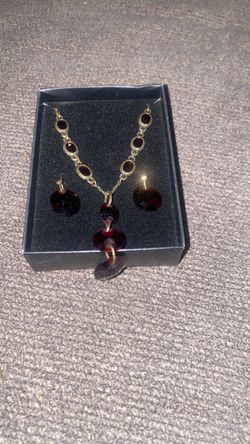 Gold-Tone Red Stone Necklace and Earrings Set