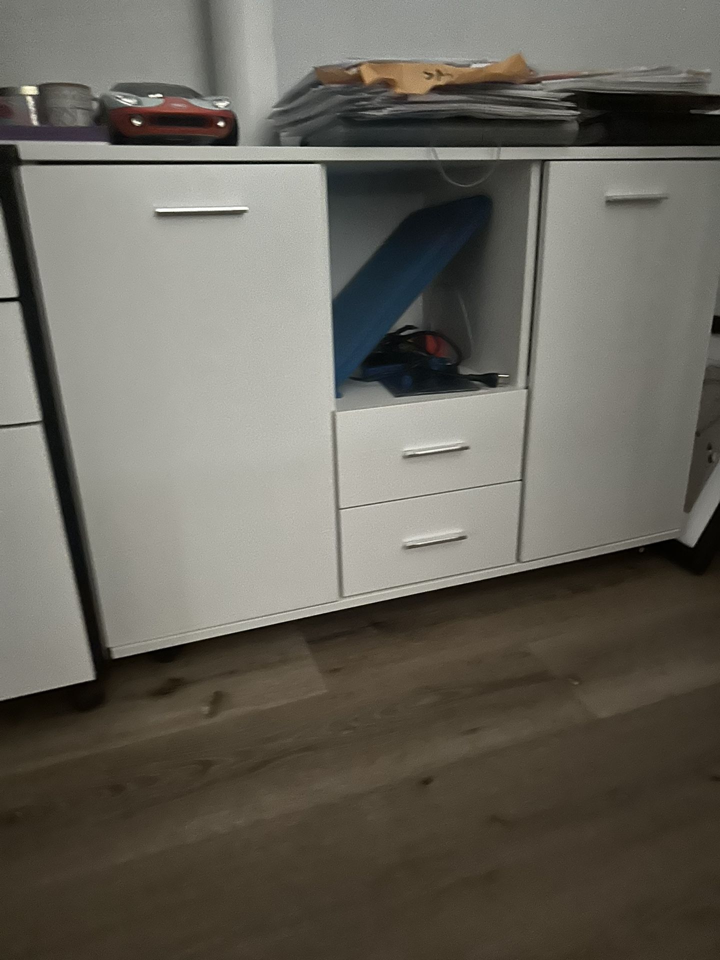 White Storage Cabinet with Drawers and Shelves
