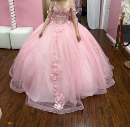 Pink floral lace quinceañera dress