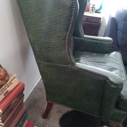 Vintage Green Leather Nail Head Wing Back Chair