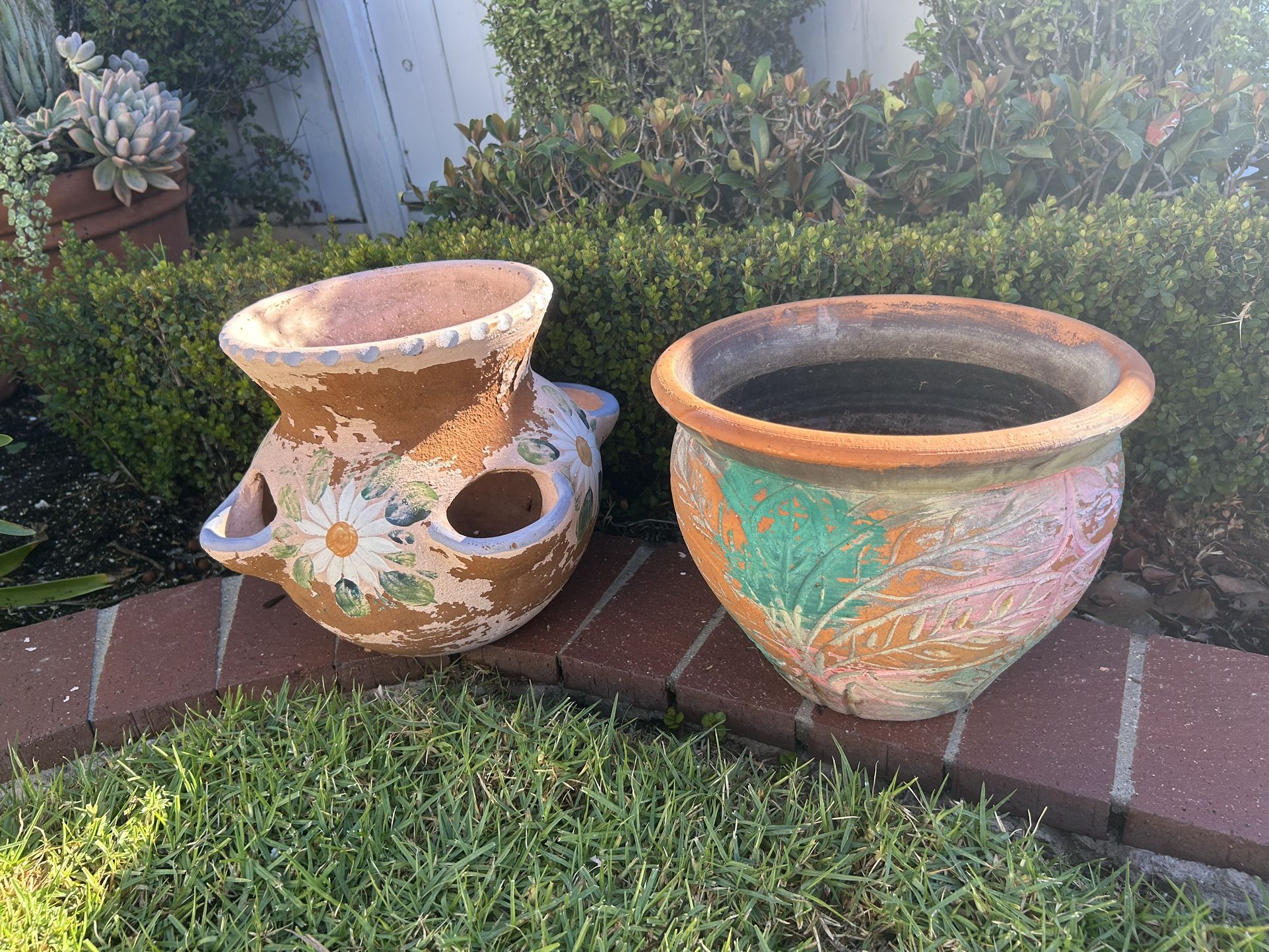 Antique Chippy Paint Rustic Mexico Weathered Terracotta Clay planter Pots  Vintage Sculpture Collectible Plants 