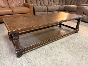 Dark Wood Turned Leg Coffee Table w/ Herringbone Top