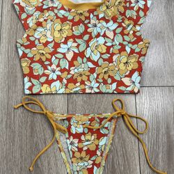 NEW Free People Floral Crop Rashguard Bikini Set M