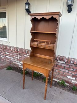 Vintage 1960s lift top Maple Wood desk with hutch attached Turned legs